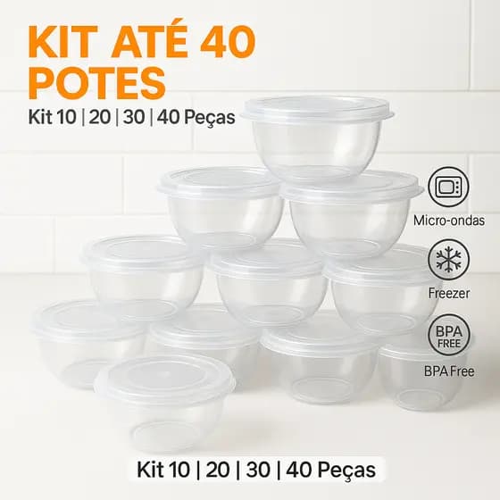 Kit até 40 Potes Plásticos 1L com Tampa – 10/20/30/40 Peças – BPA Free – Freezer e Micro-ondas