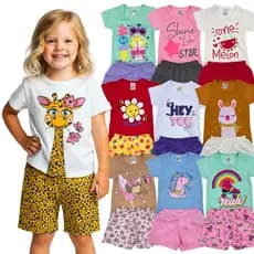 Kit 6 ou 12 peças 3 ou 6 Conjunto Roupa Infantil Menina Verão Camiseta + Shorts Liso ou Estampado