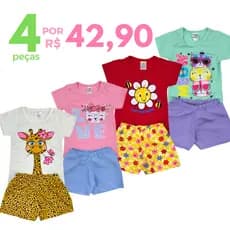 Kit 4 Peças 2 Conjunto Verão Roupa Infantil Menina Sortidos Camiseta + Shorts Liso ou Estampado