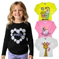 Kit 3 Camiseta Infantil Manga Longa Menina Sortido Blusa Meia Estação Roupa Feminina Bebê