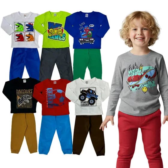 Kit 6 ou 4 Peças Infantil Meia Estação Calça e Blusa Manga Longa Menino 3 ou 2 Conjuntos Sortidos