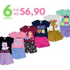 Kit 6 Peças 3 Conjunto Verão Roupa Infantil Menina Sortidos Camiseta + Shorts Estampado ou Liso