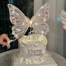 Decoração De Bolo De Fadas Branco Roxo Borboleta Bordada À Mão Com Lâmpada Plug-In De Cozimento De Aniversário