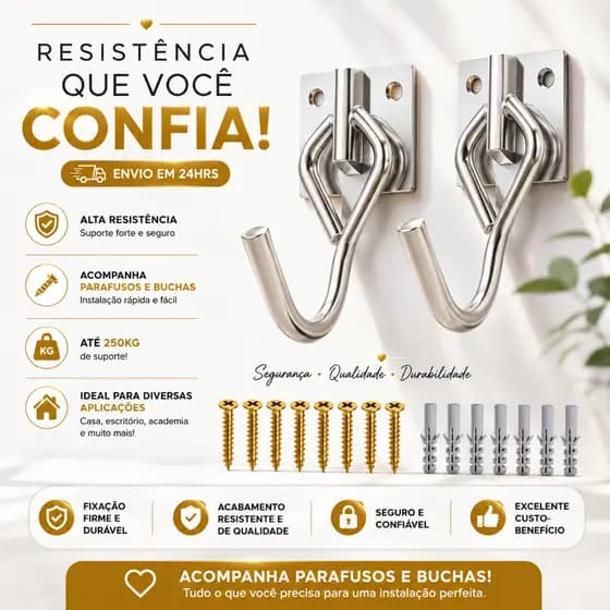 Kit Com 2 Fixador Suporte Pendurar Gancho Para Rede 250kg Reforçado Metal Parede Com Parafuso E Bucha