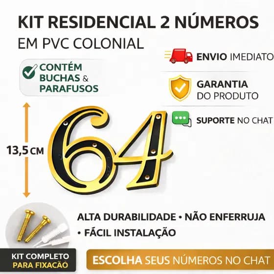 Kit 2 Número Residencial PVC Preto Dourado 13,5cm Casa Fachada Porta + Letras A F C
