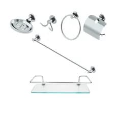 Kit Acessórios Para Banheiro Aço Inox 5 Peças + 1 Porta Shampoo Vidro Reto