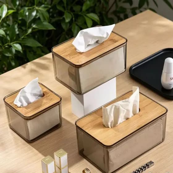 Caixa de lenços transparente com tampa de bambu e madeira, à prova d'água, ideal para sala de estar e banheiro