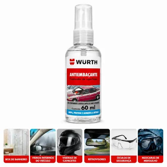 ANTIEMBAÇANTE CAPACETE VISEIRA VIDRO DE CARRO PARABRISA ESPELHO BOX WURTH 60ML