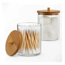 Kit 2 Porta Cotonete Algodão Acrílico Tampa Bambu Multiuso
