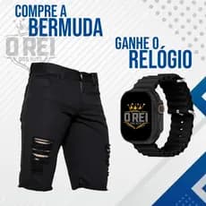 Kit Masculino Bermuda Jeans Preta Rasgada Desfiada com Lycra+Relogio Digital Led Esportivo Ultra Led