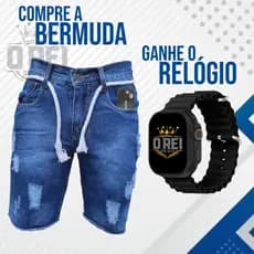 Bermuda Jeans Masculina Short Jeans Masculino Original Rasgado Desfiado+ Relogio Esportivo Ultra Led