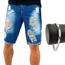 Bermuda Jeans Masculina Escura Rasgadinha Short Rasgado Masculino com Lycra + Pulseira Aço Inox Nova