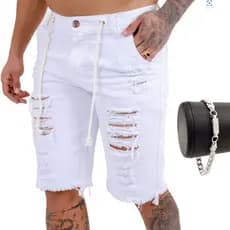 Bermuda Jeans Masculina Branca Rasgada Envio Hoje + Pulseira Banhada a Ouro Pulseira Masculina Prata