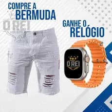 Kit Masculino Bermuda Jeans Rasgada Branca Desfiada + Relógio Digital Led A Prova D'Água Ultra Smart