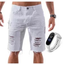 Bermuda Jeans Masculina Branca Rasgada Desfiada Short Rasgado Novo+ Relógio Esportivo A Prova D'Água