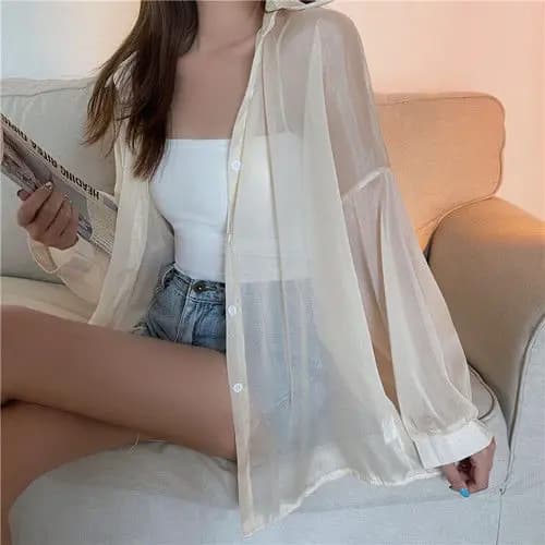 Blusa de praia alta-costura, larga e confortável para mulheres,com mangas compridas e tamanho grande