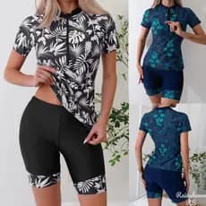 Maio Feminino Praia Maiô de Cintura Alta Maio Natação Maio Plus Size Flores Zíper Manga Curta Maiô Dividido Tankini
