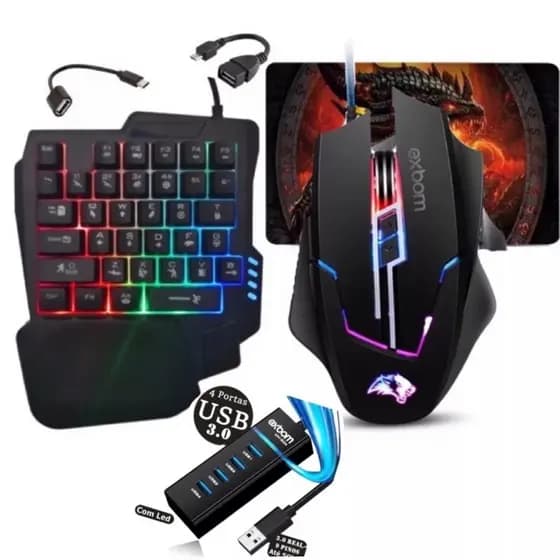 Kit Mobilador Gamer Completo Teclado One Hand E Mouse + Kit Celular + Mouse Pad