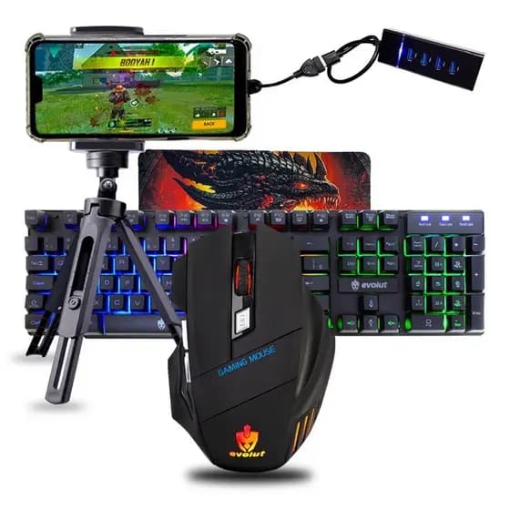 Kit Mobilador Completo Gamer Barato P/ Jogar Free Fire Teclado e Mouse Led Rgb Com Fio Usb P/ Celular