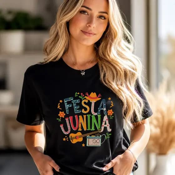 Camiseta Feminina Festa Junina Estampa FESTA JUNINA Manga Curta   Blusa Casual Primavera Verão  Festival de Junho