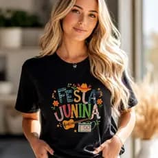 Camiseta Feminina Festa Junina Estampa FESTA JUNINA Manga Curta   Blusa Casual Primavera Verão  Festival de Junho