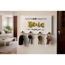 Porta Chaves Decorativo Parede Quadro Deus Moderno Decoração Chaveiro Madeira MDF 3mm Branco Dourado