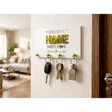 Porta Chaves Decorativo Parede Home Sweet Moderno Decoração Chaveiro Madeira MDF 3mm Branco Dourado