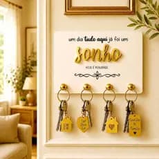 Porta Chaves Decorativo Parede Foi Sonho Moderno Decoração Quadro Chaveiro Madeira MDF Branco Dourado