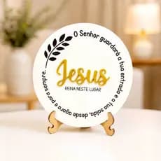 Placa Decorativa Jesus Decoração Mesa Prateleira Quadro Casa Home Moderno Madeira MDF Branco Dourado