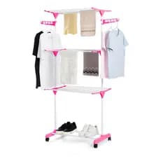 Varal de Chão Dobrável 3 Andares Rosa com Rodinhas.
