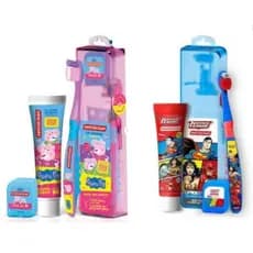 2 Kits Infantil Escova de dentes + Fio dental + Gel dental Peppa Pig e Liga da Justiça