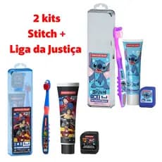 2 Kits infantil Stitch + Liga da Justiça Escova de dente + Gel dental + Fio dental