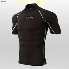 Primavera Verão Moda Masculina Camiseta Gola Alta Manga Curta Fitness Topo Casual Esportes T Camisa Esportiva