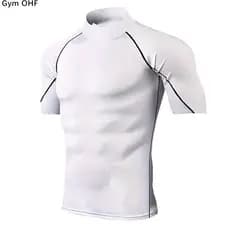 2025 Verão Cor Sólida Manga Curta Camiseta Moda Camisa De Fundo Masculina Apertada Gola Alta T