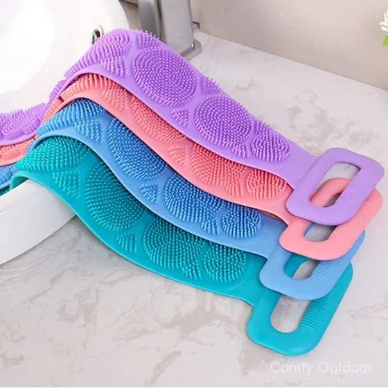 Cinta Esfoliante de Silicone de Dupla Face com Cabo Longo para Banho, Escova de Massagem para Limpeza da Pele