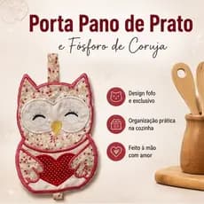 Porta Pano de Prato e Fósforo Coruja Bordado Aplique Artesanal 31x15cm Decoração Cozinha