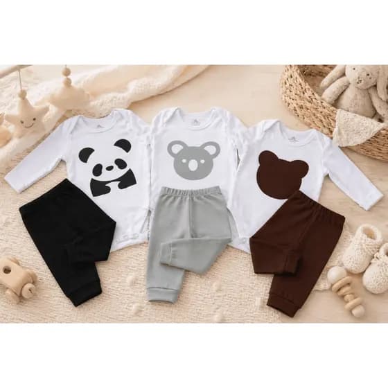 Kit 6 Peças Body + Calça Bebê Suedine 100% Algodão — Panda, Coala e Urso — RN ao GG