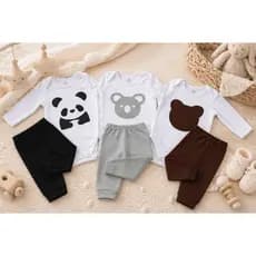 Kit 6 Peças Body + Calça Bebê Suedine 100% Algodão — Panda, Coala e Urso — RN ao GG
