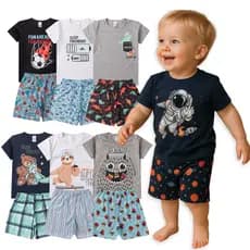 Kit 3 Pijamas Infantil Menino 1 ao 8 Camiseta + Shorts Estampado Sortido pijama personagem dormir