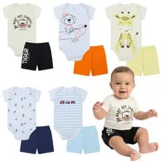 Kit 6 Peças Roupa de Bebê Menino 100% Algodão 3 Body Manga Curta + 3 Shorts Nenem Verão P ao GG