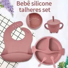 Kit Alimentação Bebê Silicone 7 Peças – Prato Infantil, Babador, Copo e Talheres BPA Free
