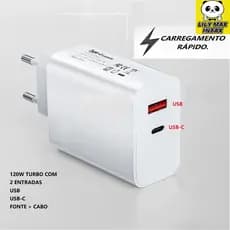 Carregador Turbo 120W com 2 Entradas USB e USB-C + Cabo Type-C – Carregamento Rápido