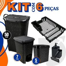 Kit Lixeira 5 Litros + 7 Litros + Porta Detergente + Rodinho de Pia + Escorredor Louça + Cesto 50 Litros
