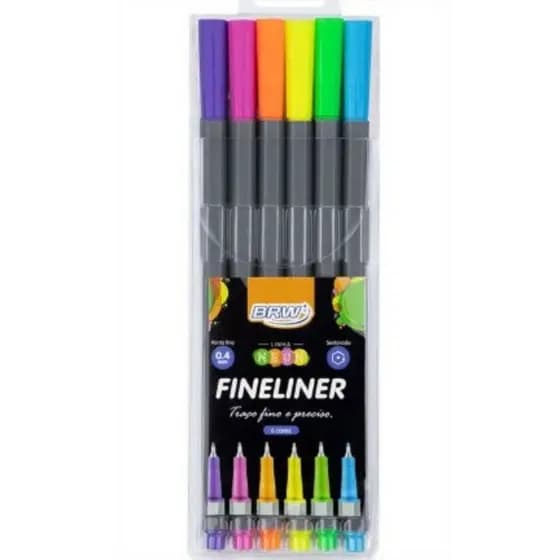 Caneta Marcador Fineliner Neon Fluorescente Traço fino e Macio Ponta Porosa 0.4mm Estojo 6 Cores - BRW