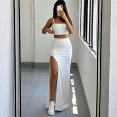 Conjunto Feminino Saia Longa e Cropped Alcinha Com Fenda Varias Cores Moda Blogueira