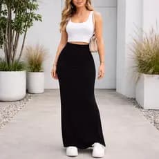 Saia Longa Plus Size Cós Alto Blogueira Moda Evangélica Inverno PP ao G3