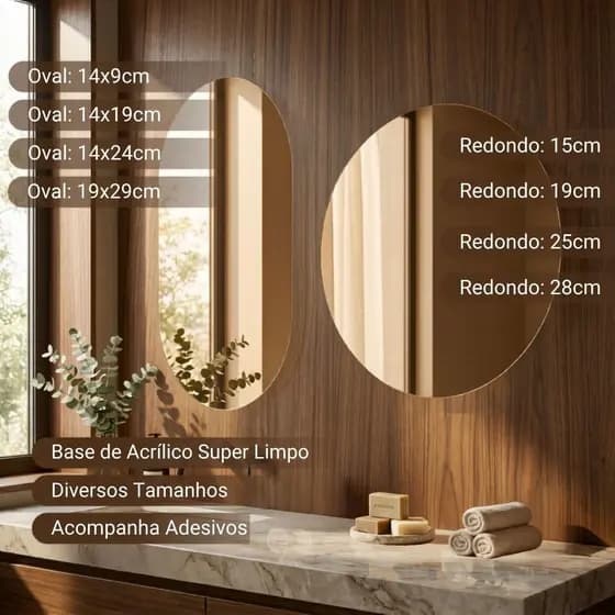 Espelho De Parede Ou de Mesa Base Espelhada Refletiva Redondo Oval Mesa Parede Com Velcro Base