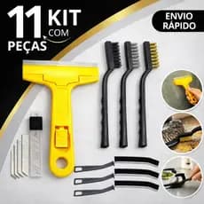 Escova Aço Latão Nylon + Raspador Com 4 Lâminas e Escova Cantos Multiuso Limpeza Box Piso Vidro