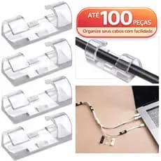 Kit 100-20 Clips Organizador Fios Cabos Autoadesivo Transparente Fixador Parede Mesa Alta Fixação