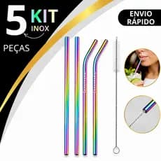 Kit 5 Peças Canudo Inox Colorido Reutilizável Curvo e Reto Com Escova Limpeza Drink Suco